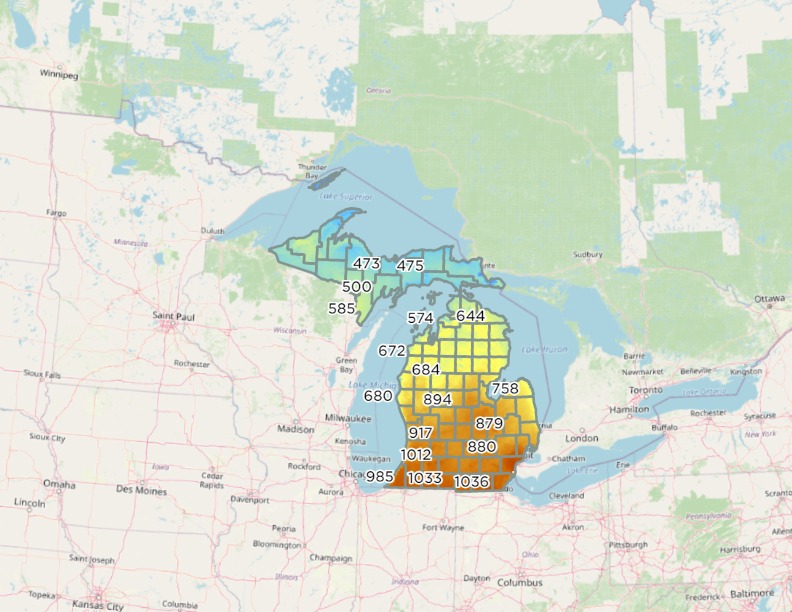 Cumulative growing degree day base 50 map of Michigan.